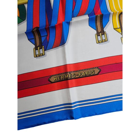 Hermès 1990s Les Sangles J.Metz Silk Scarf Equestrian France 35 in Carre 90 - Picture 8 of 10